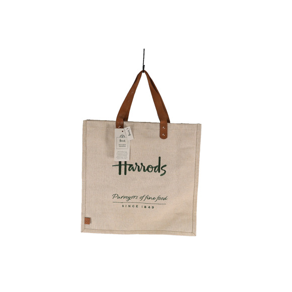 Harrods Handbags - A5 New HARRODS Reusable Jute Cotton Food Halls Shopper Bag Tote Leather Handles